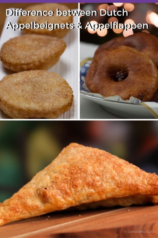 Collage of 3 photos consisting of a photo of appelbeignets and appelflappen.