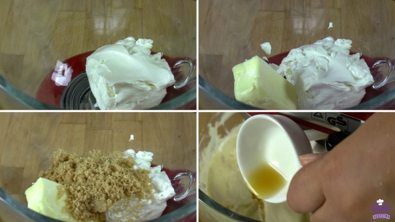 Brown sugar cream cheese frosting recipe photos showing step by step process of adding cream cheese, butter, brown sugar and vanilla extract to a bowll