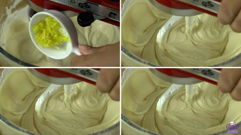 Bruine suiker roomkaas recept foto's die het proces tonen van het toevoegen van de citroenrasp en romig mixen van de frosting. En het toevoegen van de poedersuiker aan de frosting en romig mixen.
