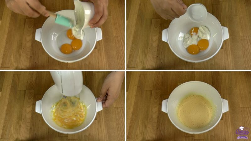 Cloud bread recipe steps: Adding yogurt to egg yolks. Adding salt to yogurt and egg yolks. Mixing yogurt, egg yolks and salt till incorporated.