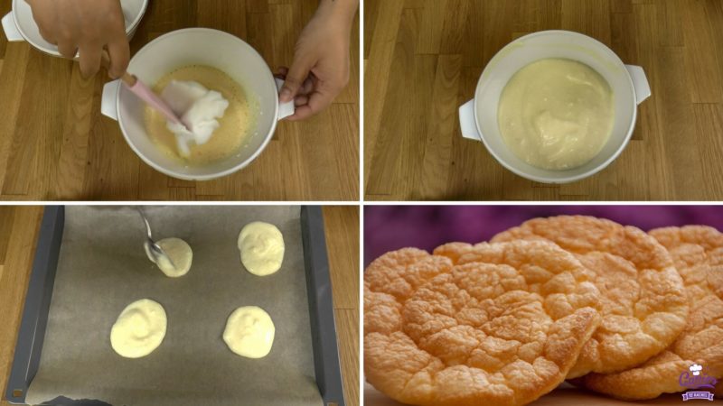 Cloud bread recipe steps: Folding egg whites into egg yolk mixture till incorporated. Spooning heaps of cloud bread mixture onto baking sheet lined with baking paper. Finished, golden brown cloud bread. 