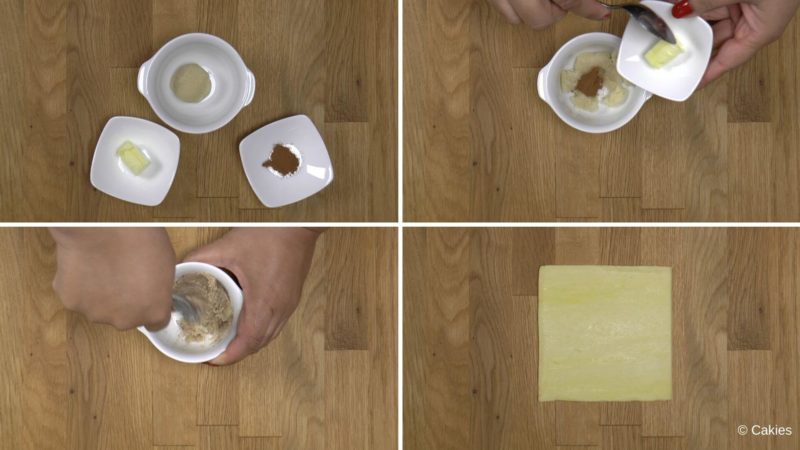 Collage of 4 photos. 1. butter, almond paste, cinnamon in small white dishes on a wooden surface. 2. cinnamon and almond paste in a small cup, butter being added. 3. butter, almond paste and cinnamon being mixed together. 4. square piece of puff pastry on a wooden surface. 