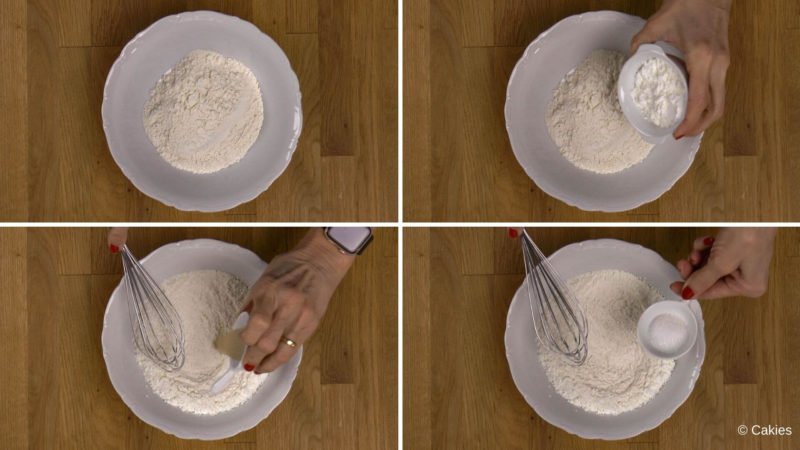 Collage of 4 photos. 1. Flour in a bowl. 2. Cornstarch being added to the bowl. 3. dry yeast being added to the bowl. 4. sugar being added to the bowl. 