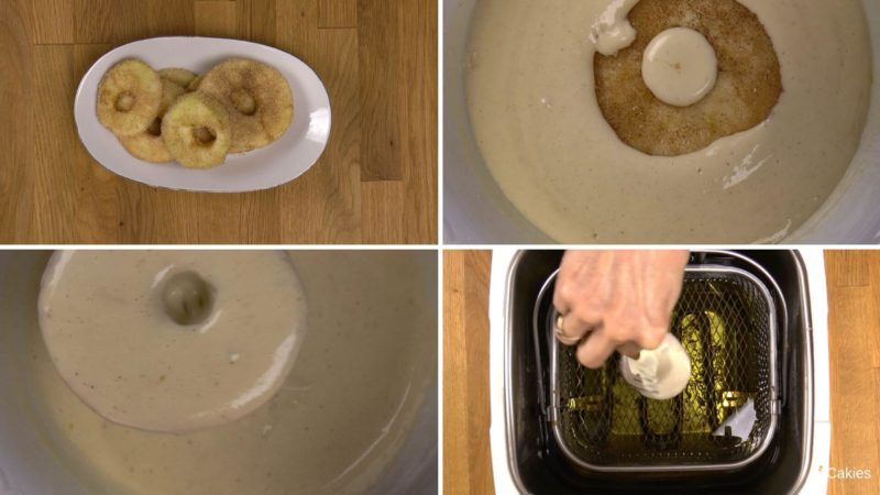 Collage of 4 photos. 1. Several apple slices coated with cinnamon and sugar on a plate. 2. one apple slice dipped half in batter. 3. one apple slice fully coated in batter. 4. one apple slice in batter being dipped into hot oil.