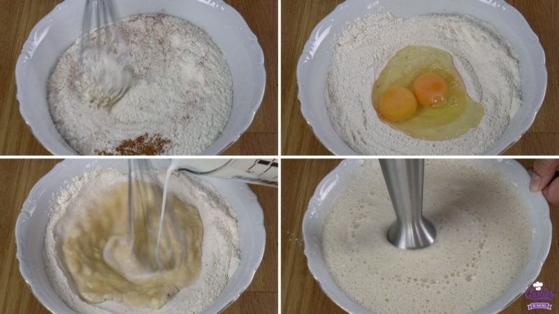 Dutch pancakes process photos. Photo of whisking dry ingredients in a bowl. Photo of eggs on dry ingredients in a bowl. Photo of milk being added to bowl of ingredients while whisking. Photo of hand blender in pancake batter. 