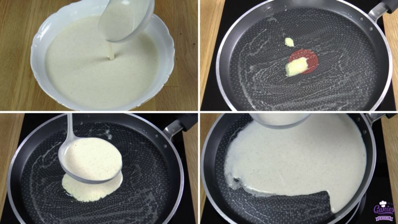 Dutch pancakes process photos. Photo of ladle showing consistency of batter, Photo of butter in frying pan. Photo of ladle pouring batter into frying pan. Photo of tilting frying pan with pancake batter. 