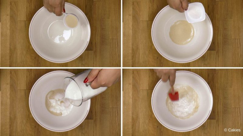 Collage of 4 photos. 1. yeast being added to a bowl. 2. sugar being added to the bowl. 3. milk being added to the bowl. 4. yeast, sugar and milk being mixed in a bowl with a spatula.