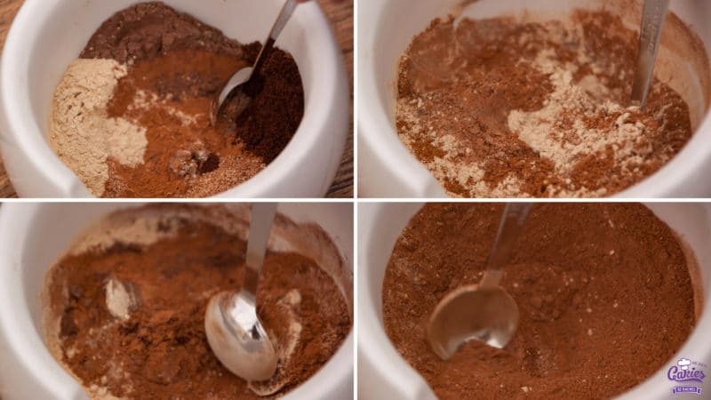 4 photo's showing pumpkin pie spices being mixed together.